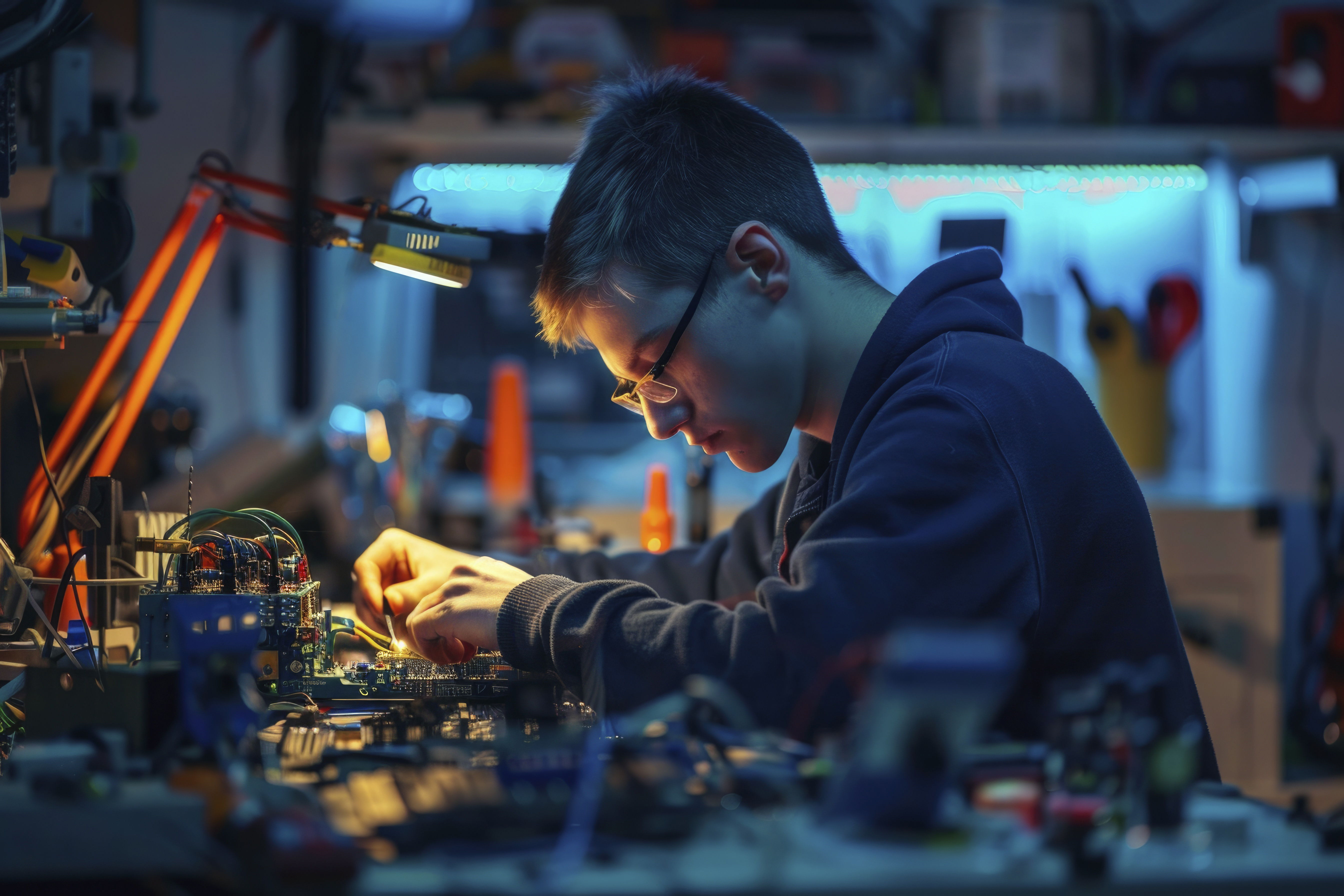A focused technician working on electronic components at a workbench, illustrating the process of PCB design and manufacturing.